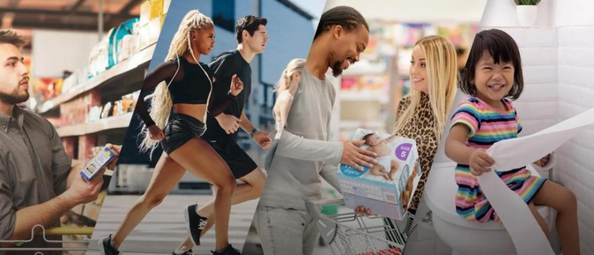 Collage of photos of people selecting products in a store, running, and a child pulling toilet paper.