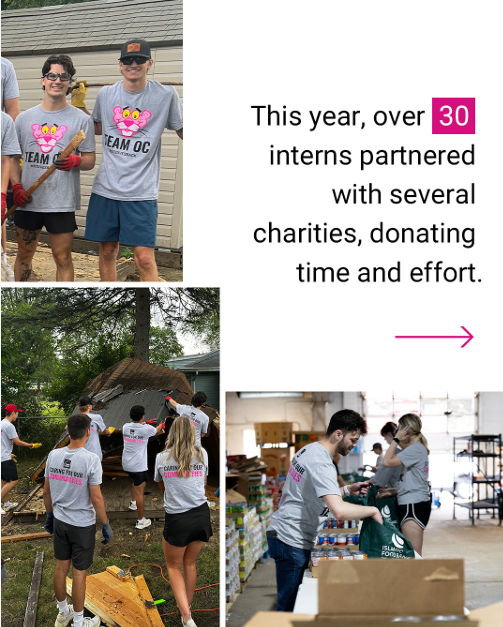 Collage of groups of volunteers working at different sites. "This year over 30 interns partnered with several charities, donating time and effort."