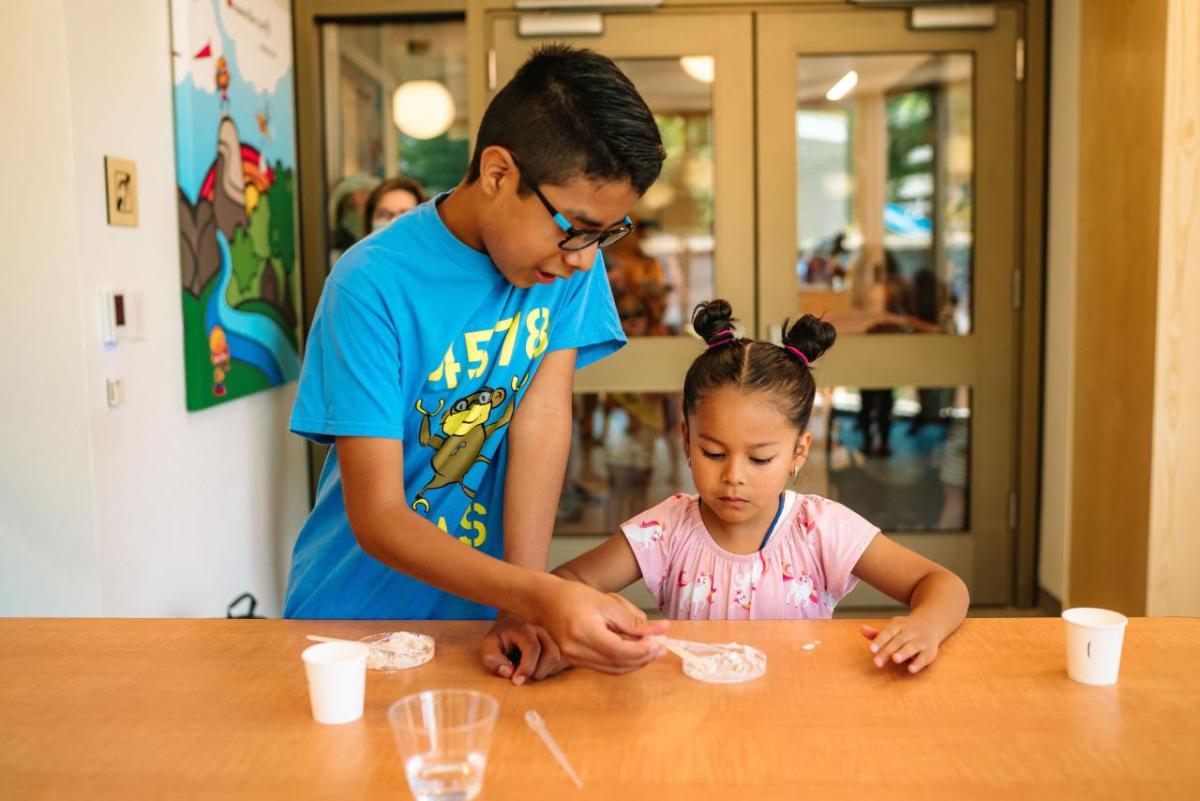 Two kids working together on an experiment on a table