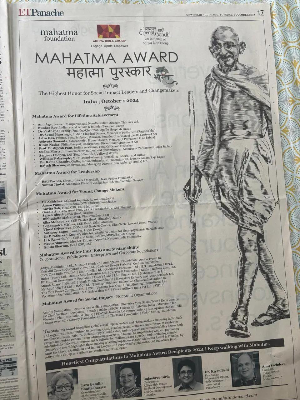 A picture of a newspaper article about the Mahatma Award