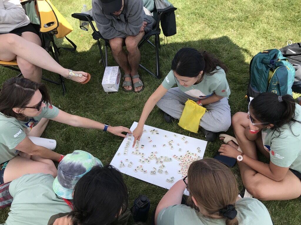 People seated on grass, playing a tile game on a board.