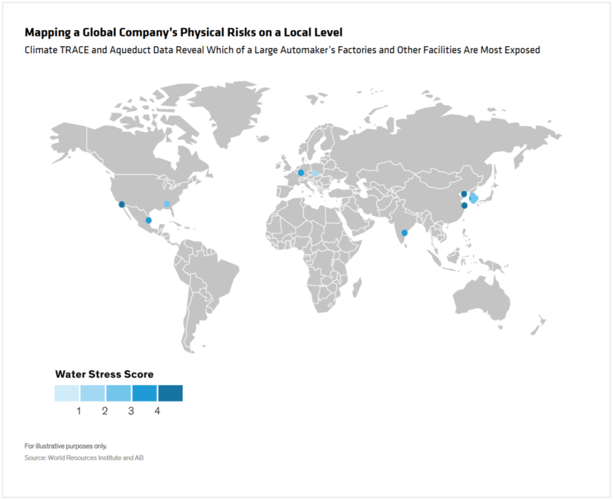 Info graphic map "Mapping a Global Company’s Physical Risks on a Local Level Climate TRACE and Aqueduct Data Reveal Which of a Large Automaker’s Factories and Other Facilities Are Most Exposed"