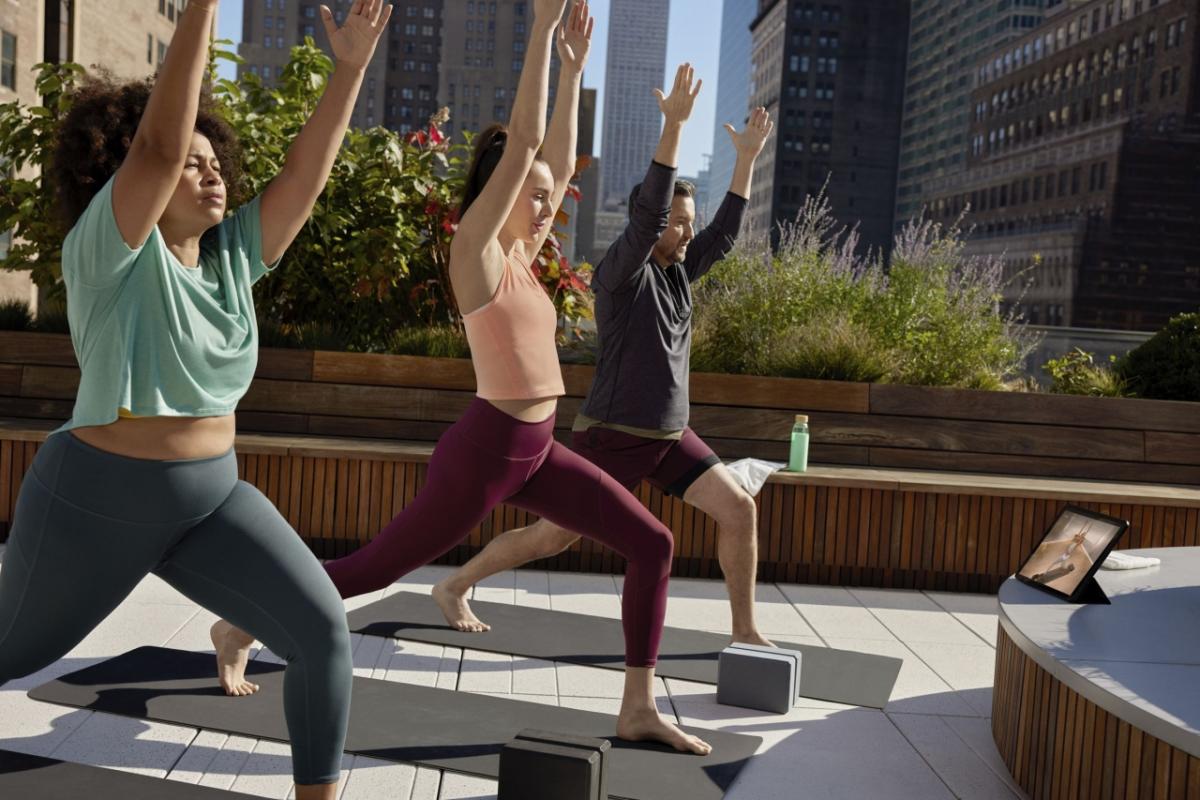 three people doing yoga pose on a rooftop, tall buildings around them