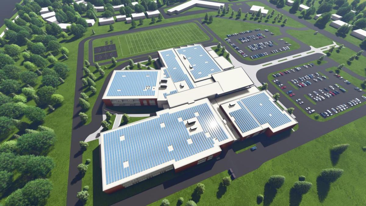 Aerial view of a 3D rendering of the building and surrounding parking lots and landscape.