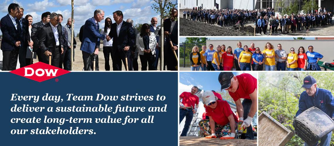 "Every day, Team Dow strives to deliver a sustainable future and create long-term value for all our stakeholders" with images of employees at events