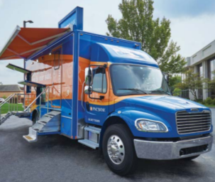 A 'mobile branch' PNC truck parked with steps and awning extended.