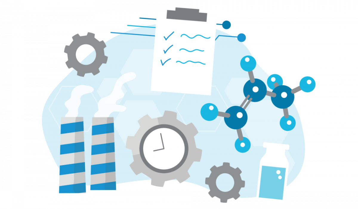 abstract icons of gears, checklist, molecules, smoke stacks