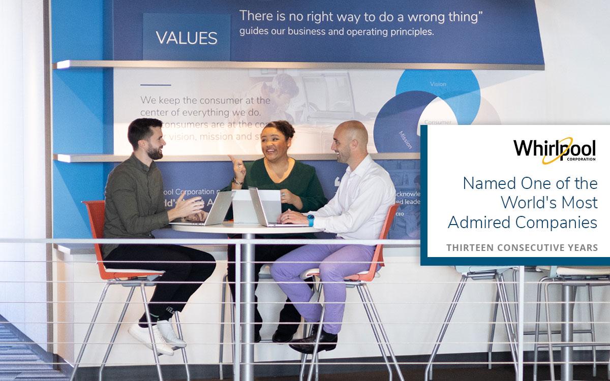 Three people seated at a table in discussion, smiling. Each has a laptop open. "Whirlpool Named one of the world's most admired companies" on the right side.