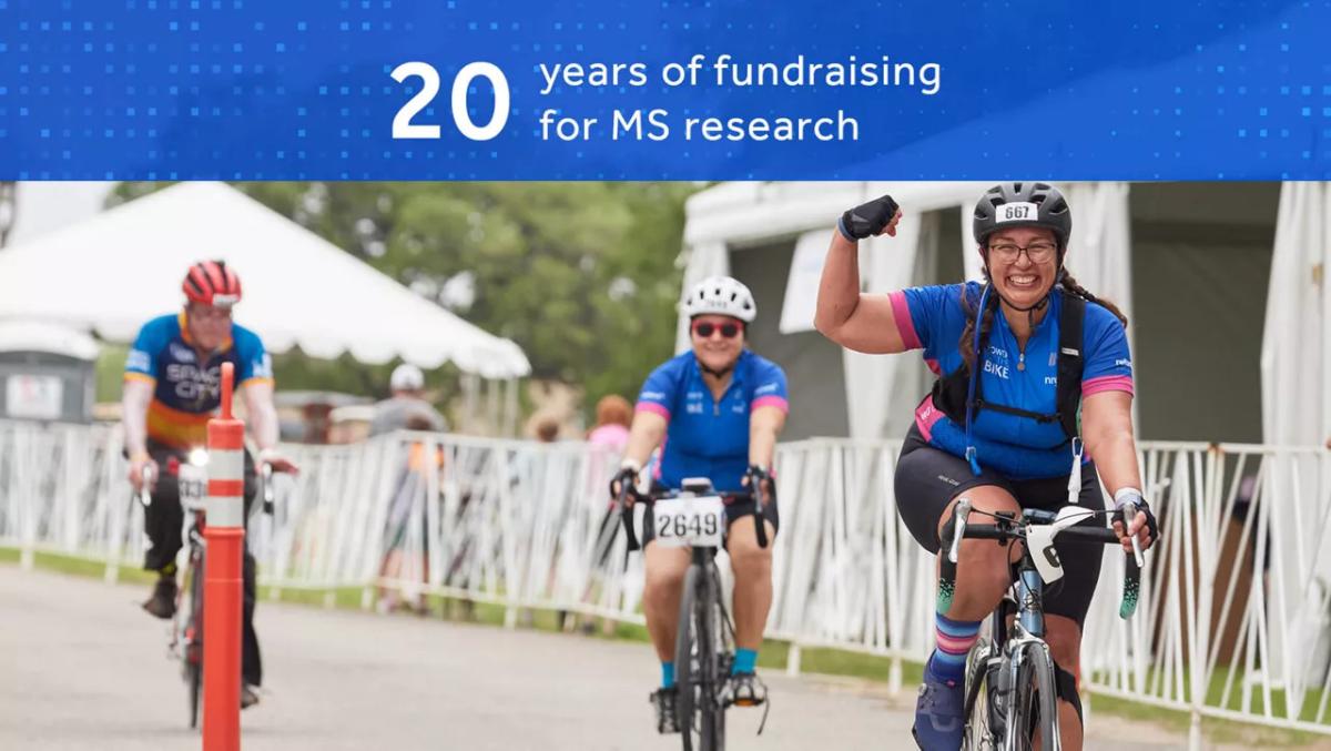 "20 years of fundraising for MS research" and three people on bicycles in a race.