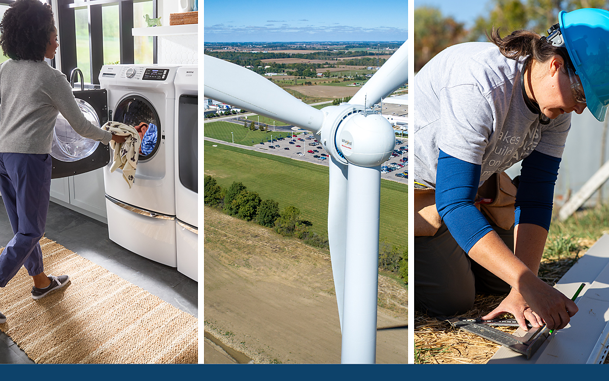 collage: someone doing laundry, closeup of a wind turbine, someone measuring a board