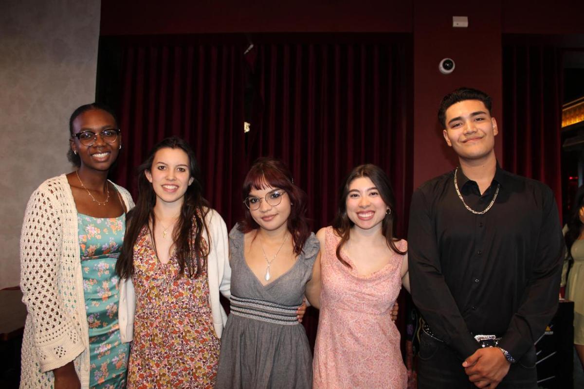 young people in formal wear, smiling