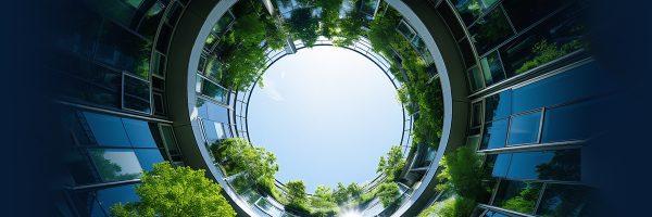 Sky-ward view through a tunnel of windows and greenery.