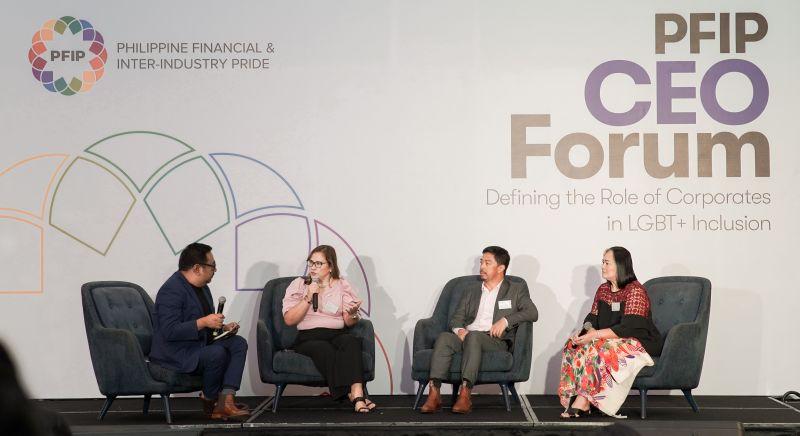 Four people in chairs on a stage, one with a microphone. Large "PFIP CEO Forum" sign behind them.