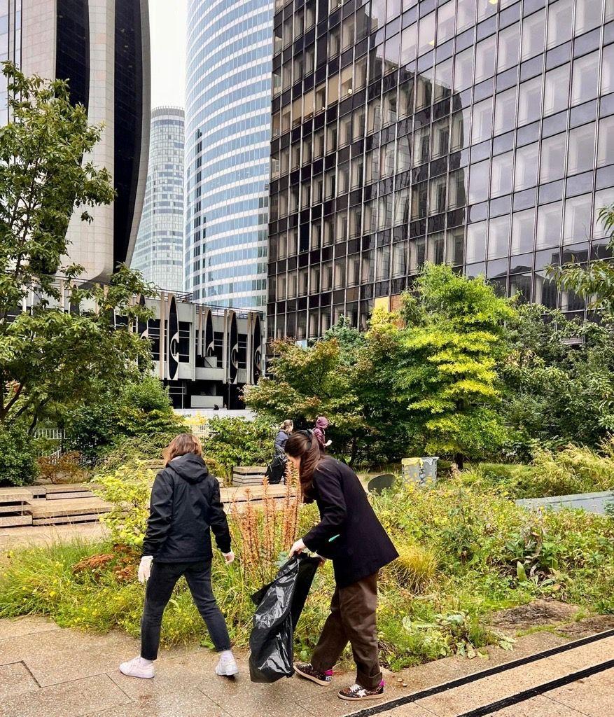 Two people collecting trash from green areas.