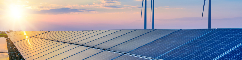 A long row of solar panels and a setting sun in the corner.