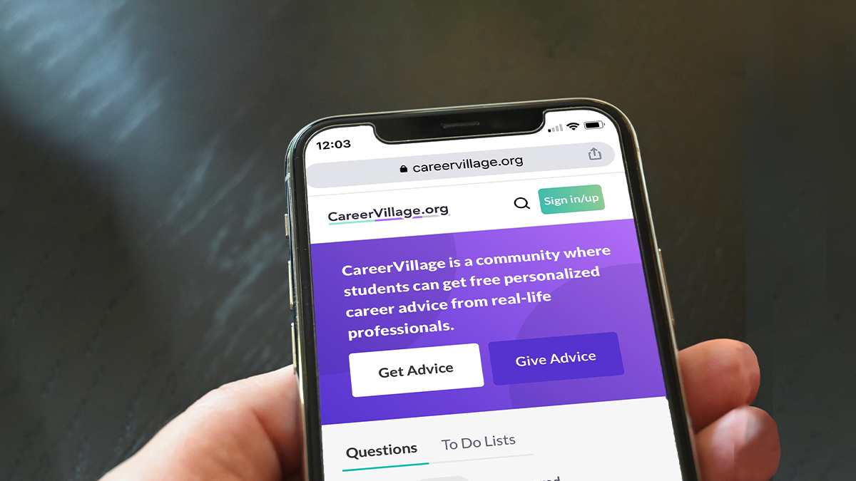 a close up of a phone navigated to CareerVillage.org