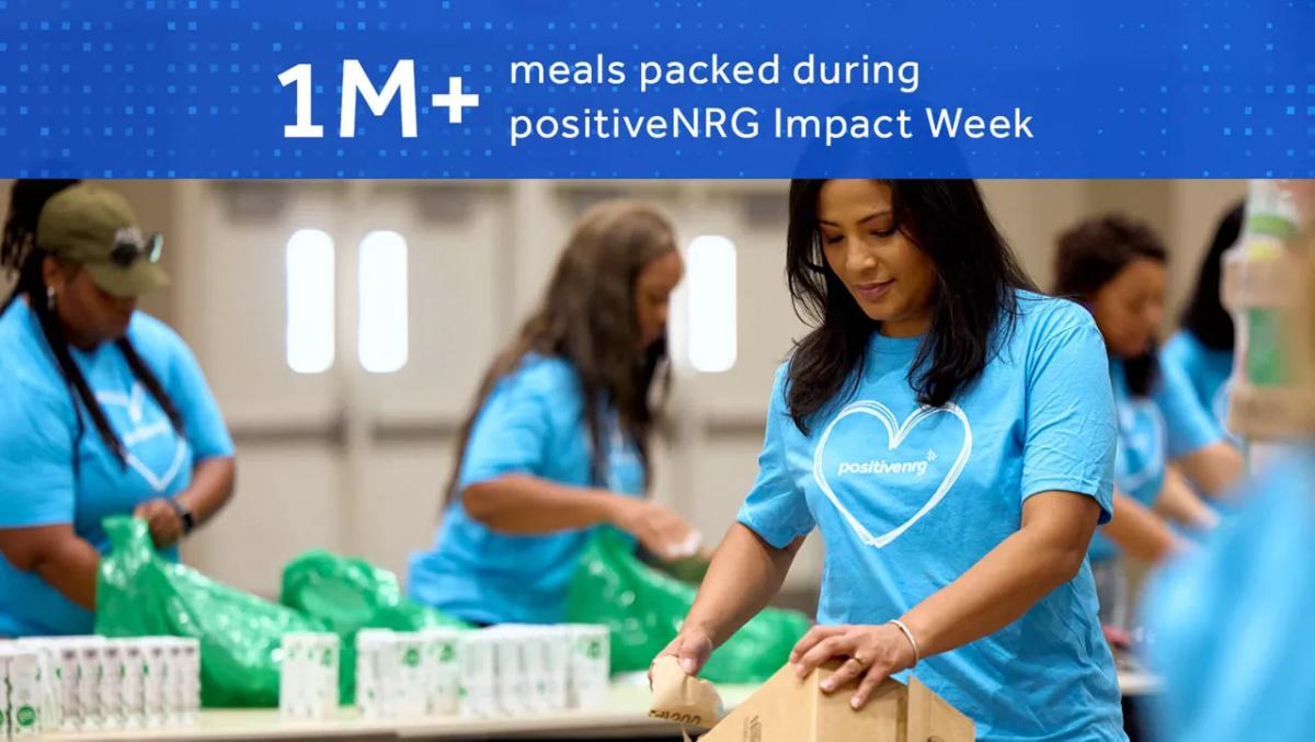 "1M+ meals packed during positiveNRG Impact Week" and volunteers packing items.