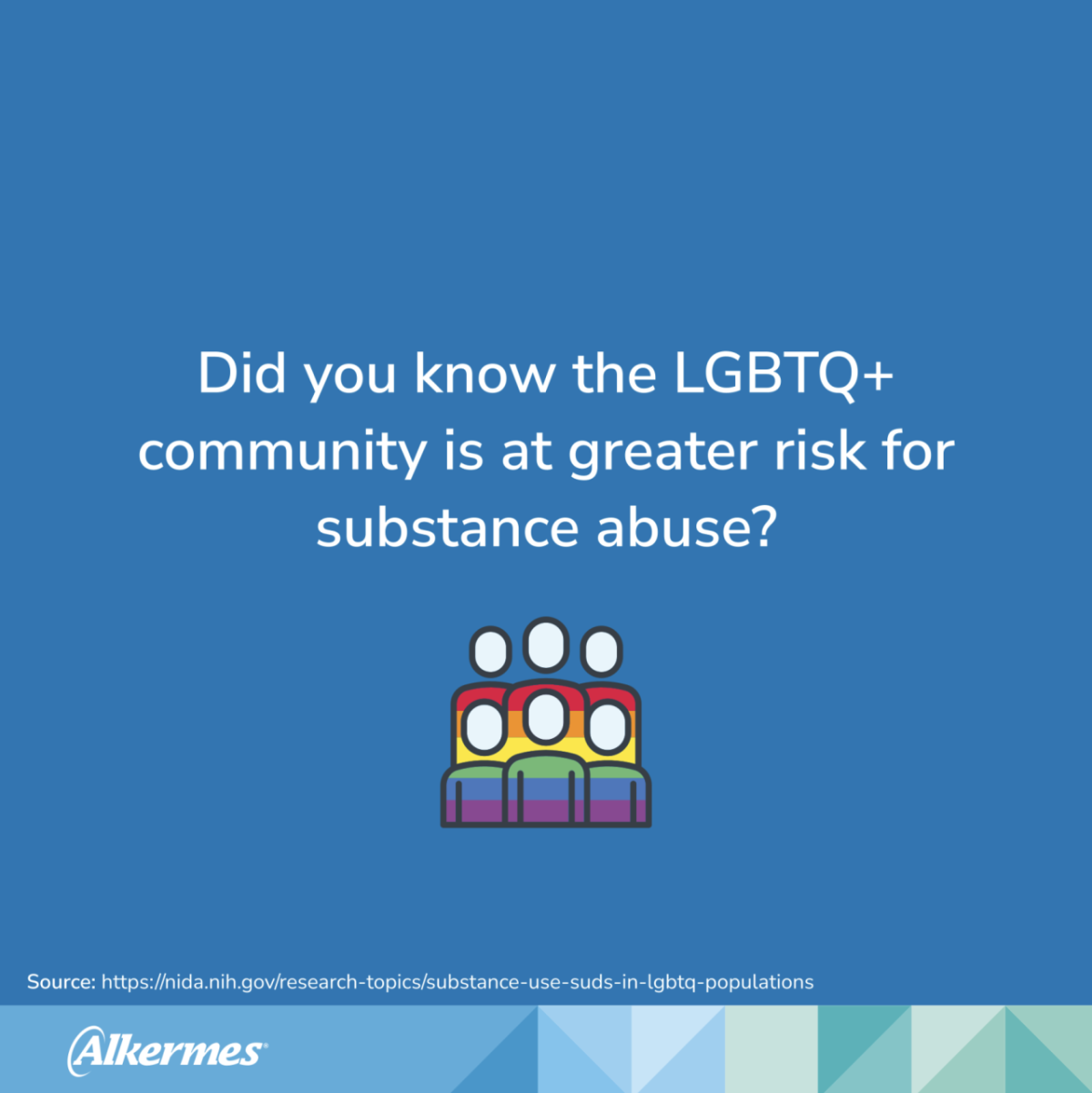 PDF slide with the text "Did you know the LGBTQ+ community is at greater risk for substance abuse?" Source: https://nida.nih.gov/research-topics/substance-use-suds-in-lgbtq-populations