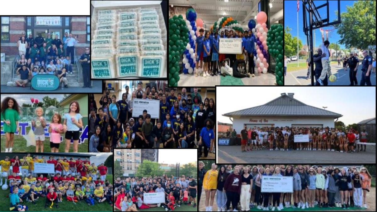 Collage of images of DICK's employees volunteering and posing for group photos