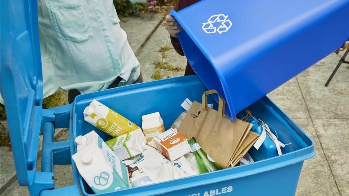 A person dumping contents of a small bin into a larger recycling bin.