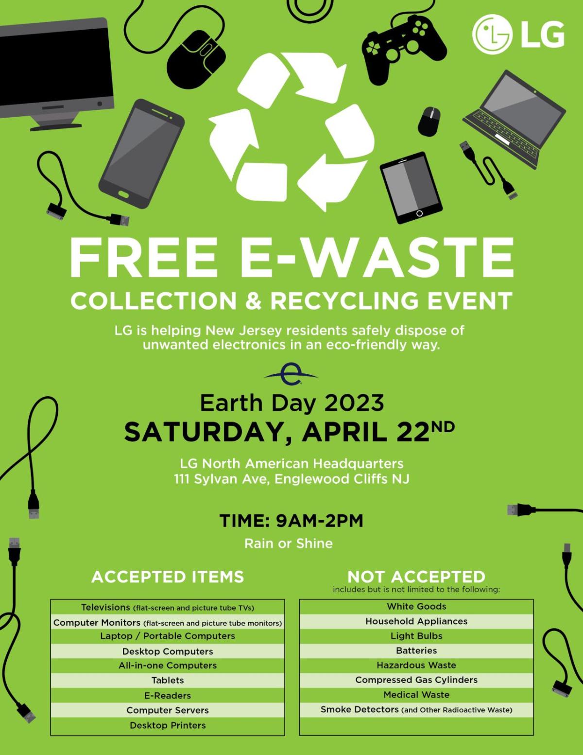 Info graphic "Free e-waste collection and recycling event" Earth Day 9am-2pm and a list of accepted and not accepted items.