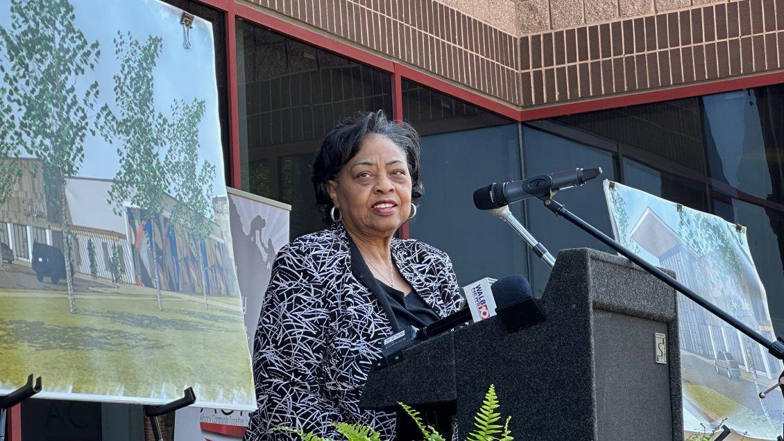 Women standing and speaking at a podium