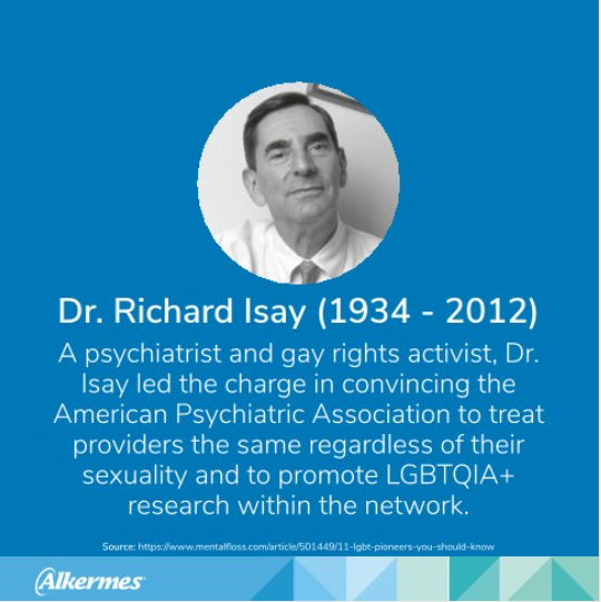 Photo of Dr. Richard Isay with text: "A psychiatrist and gay rights activist, Dr. Isay led the charge in convincing the American Psychiatric Association to treat providers the same regardless of their sexuality and to promote LGBTQIA+ research within the network."