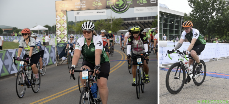 Collage of people riding bicycles in a race.