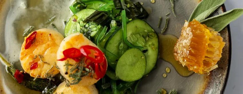 Close up of plate of scallops, greens and honeycomb