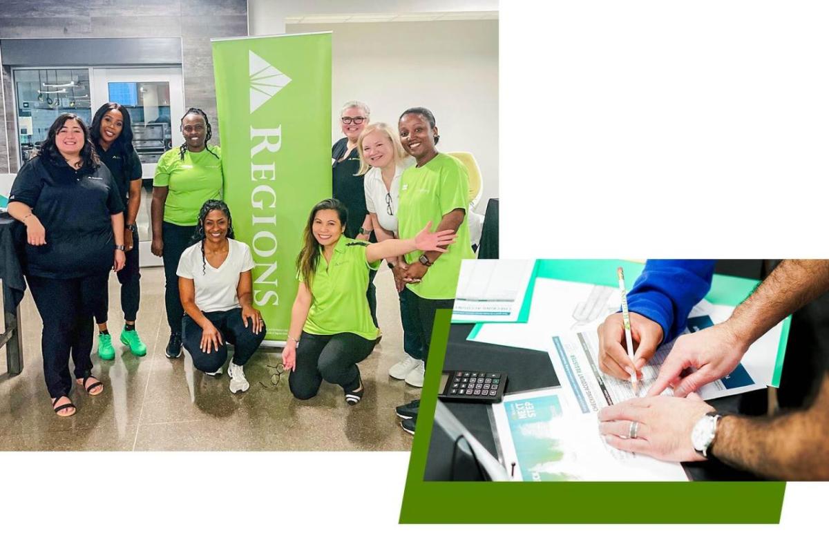 Collage: a group posing next to a Regions banner; three hands working together