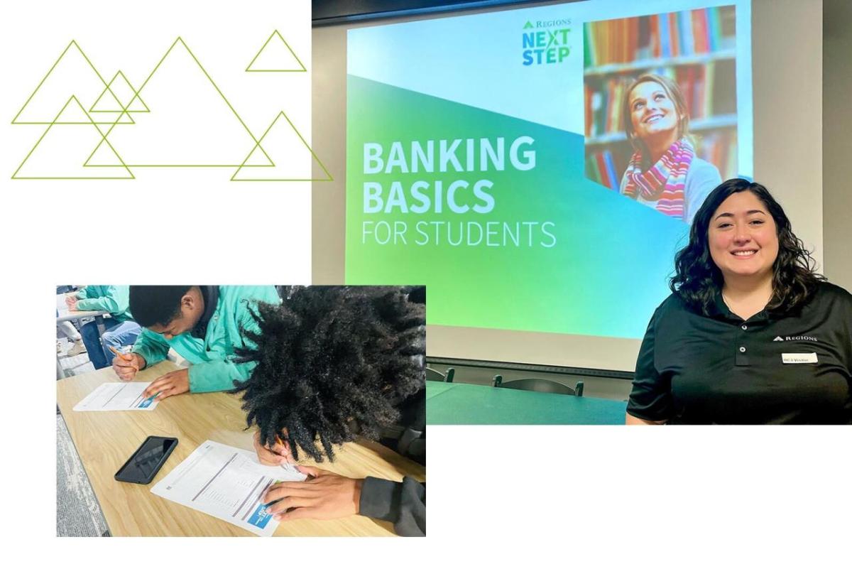 Collage: A person standing next to a screen "Banking Basics for students"; people filling out paperwork on a desk
