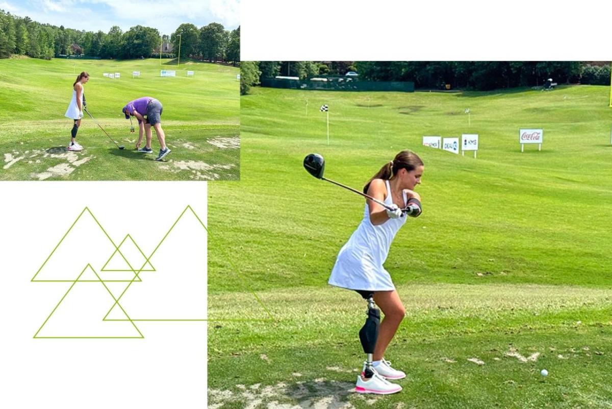 collage of Lulu playing golf