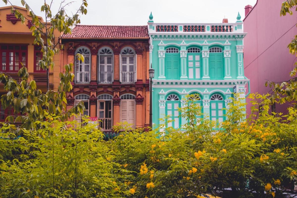 Colorfully painted exterior walls of buildings.