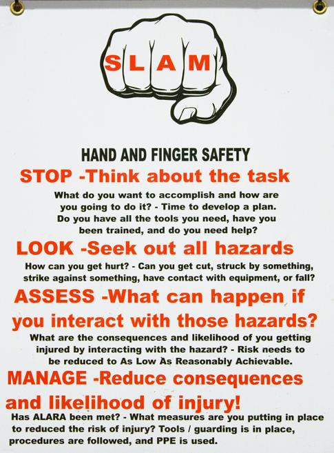 "SLAM Hand and Finger Safety" poster with an explanation of the abbreviation.