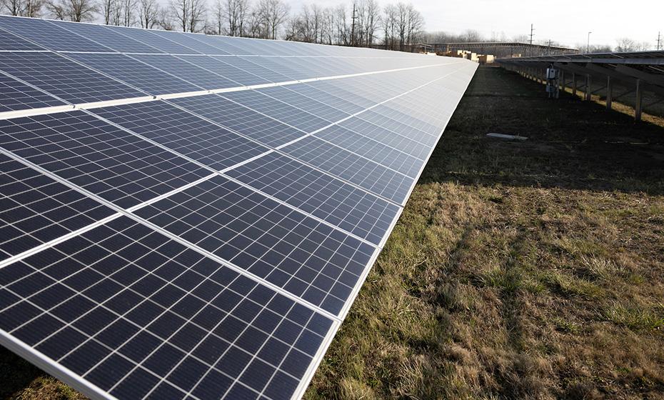 Close up of a long row of solar panels