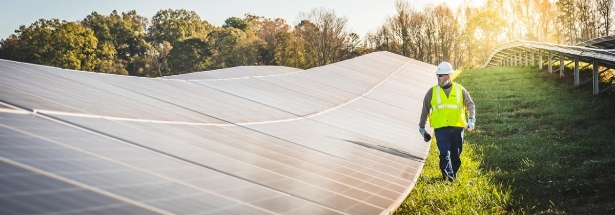 a person in safety gear walking alongside solar panels