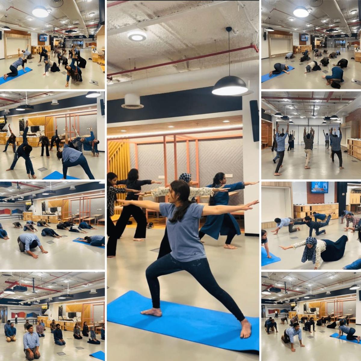 A collage of people doing different stretches.