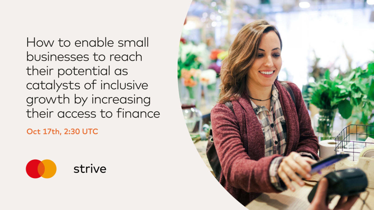 a person paying at a register with their phone. "How to enable small businesses to reach their potential as catalysts of inclusive growth be increasing their access to finance." and mastercard logo on the left