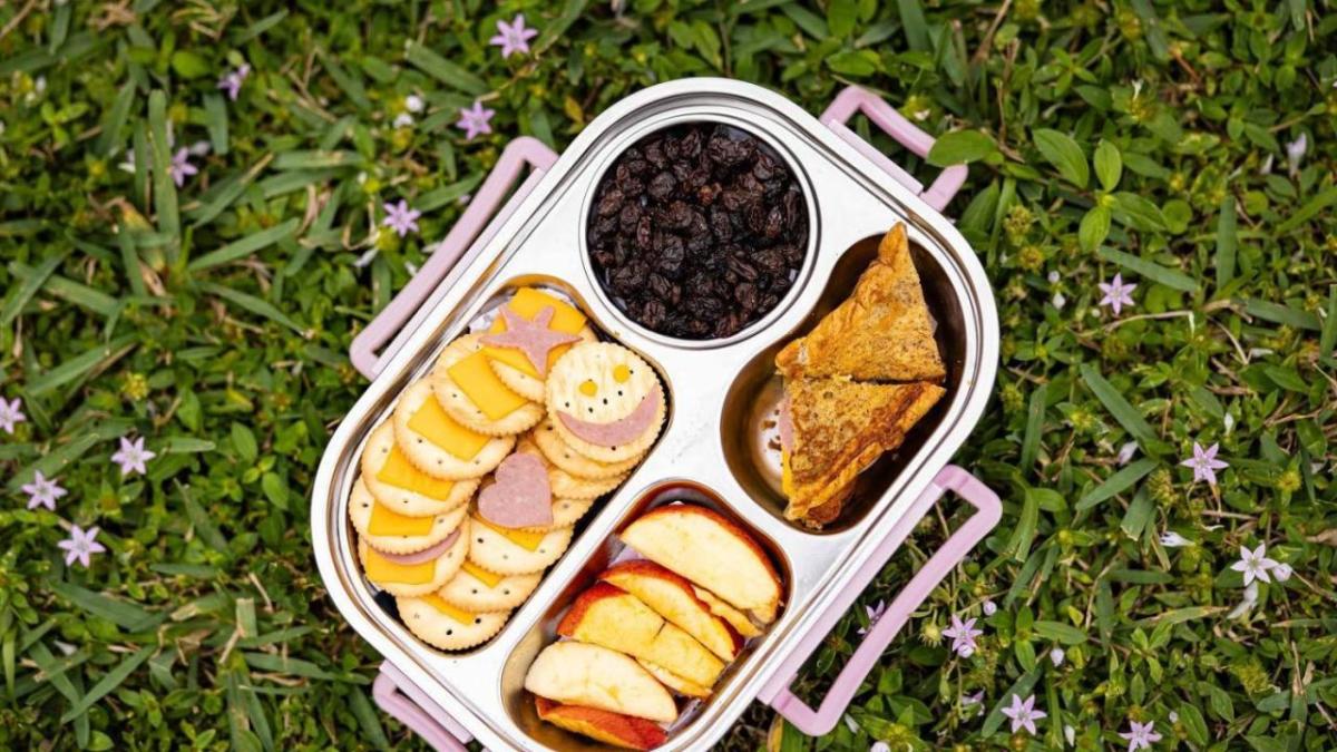 A lunchbox filled with different foods, placed on a grassy background.