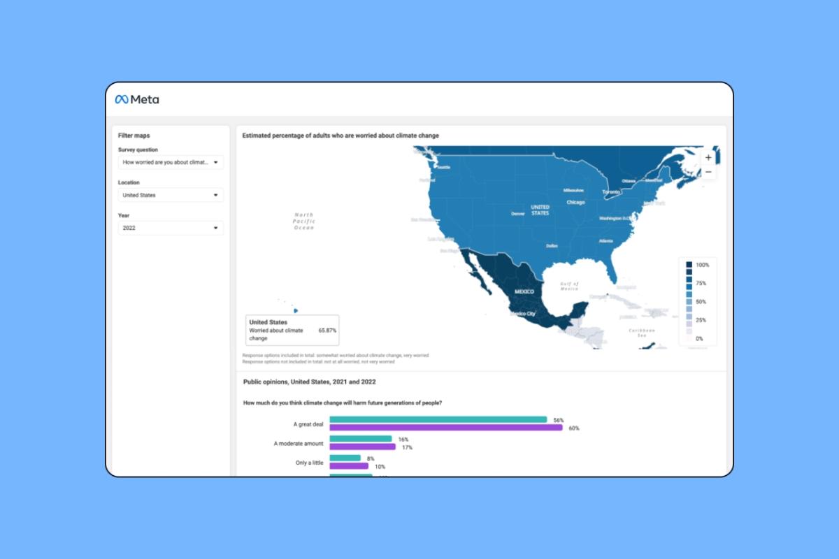 Screen shot of Meta's Survey on Global Climate Attitudes. A map of the US and bar graph below.