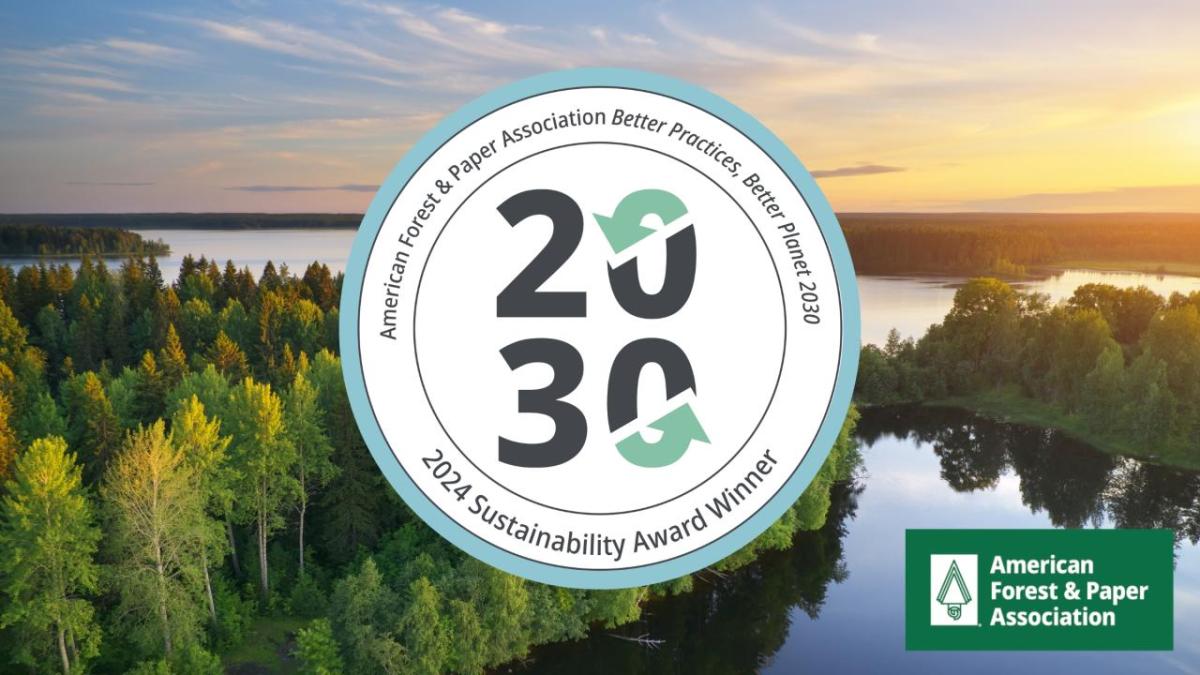 2024 Sustainability Award Winner 2030 badge over a background of a forested waterway.