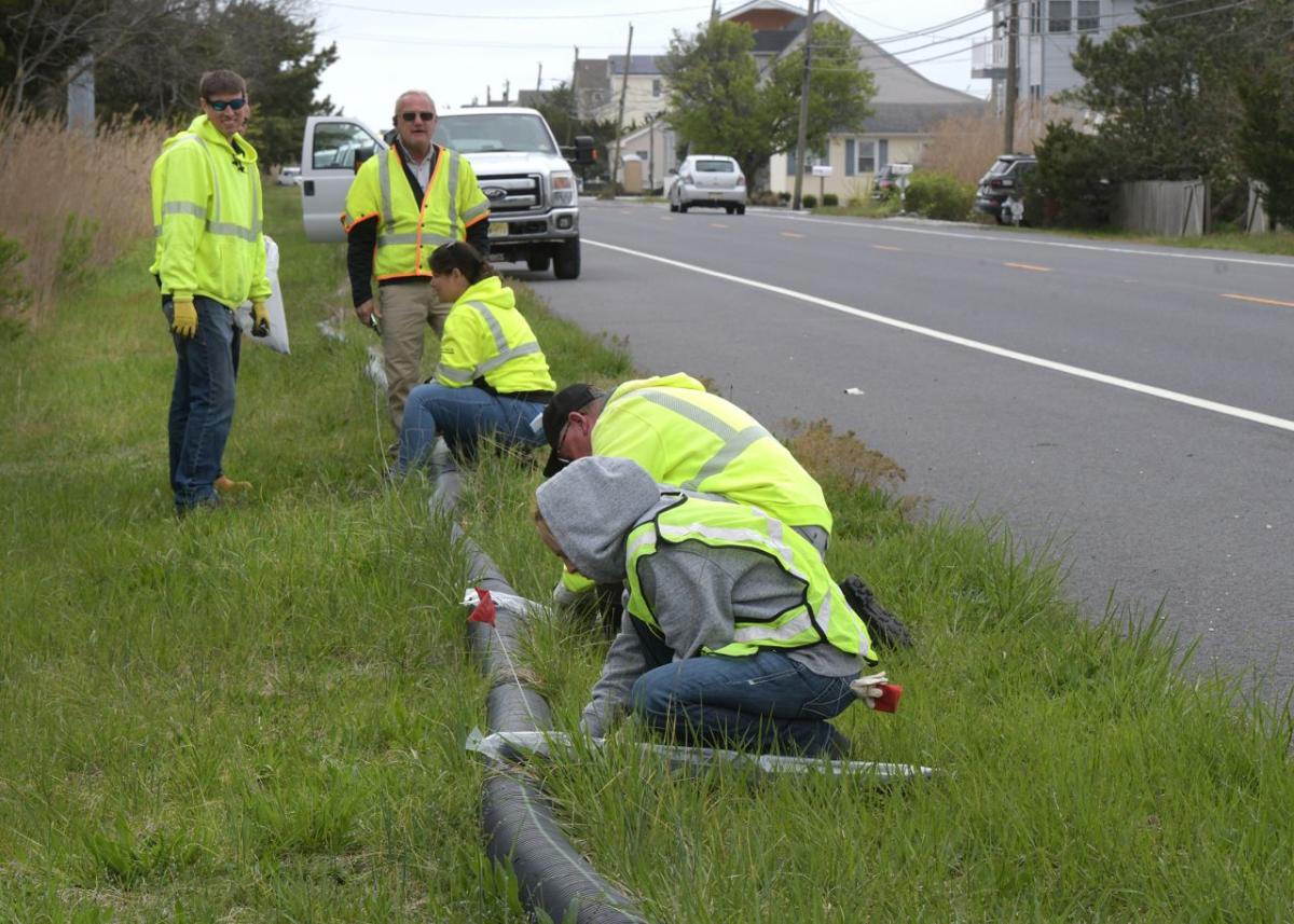 Volunteers working with a drain pipe on the side of a road.