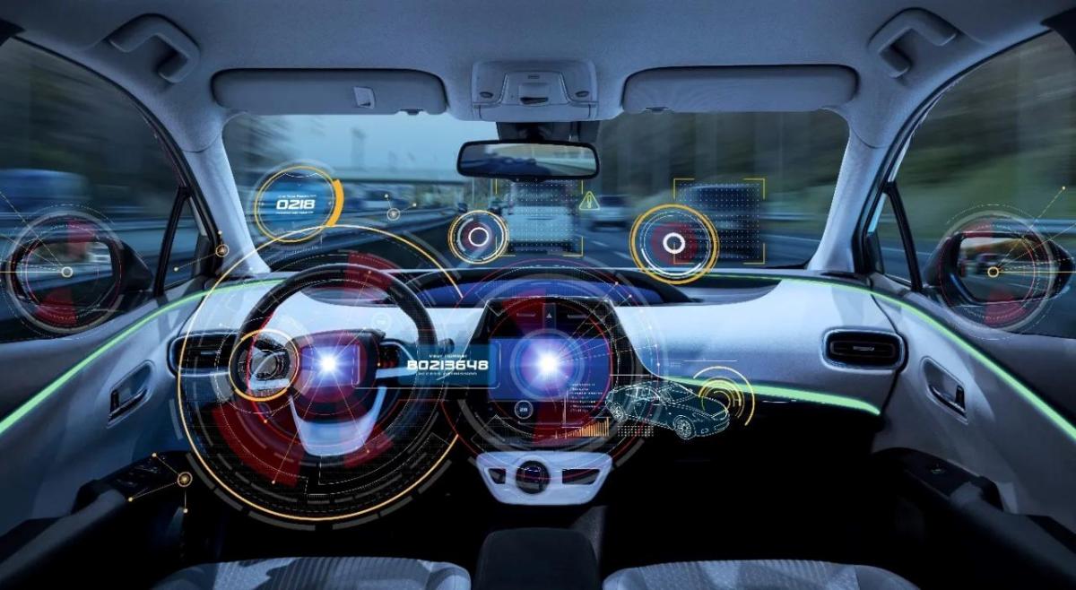 The interior of a vehicle with digitized overlay with different measurement devices.