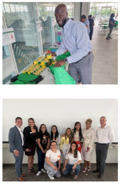 Collage: top image a smiling person putting crayons in a bag. On the bottom a group posed together.