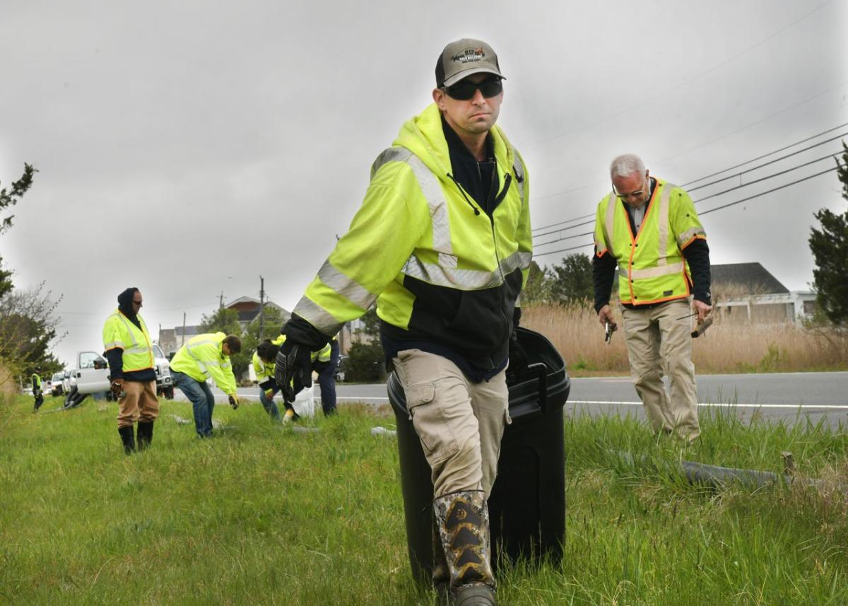 Volunteers working on the side of a road.