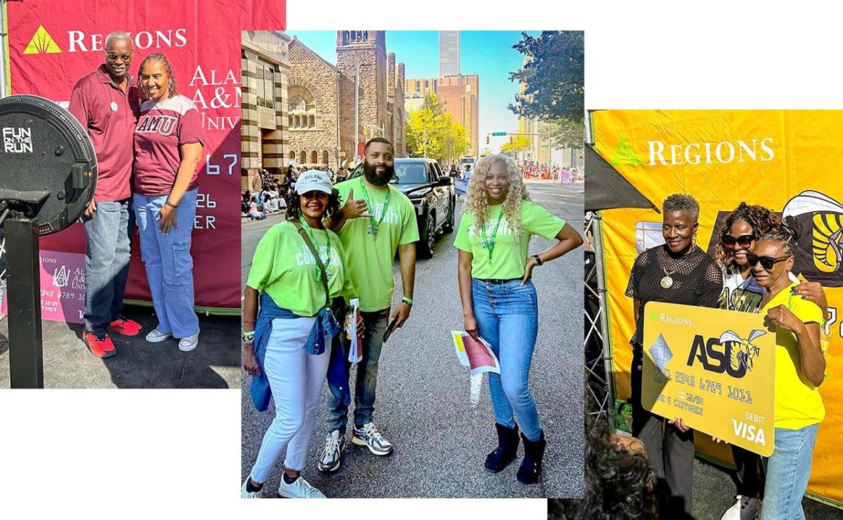 Collage of people posed in front of Regions signs. Red, green, and yellow shirts and banners and matching shirts in each.