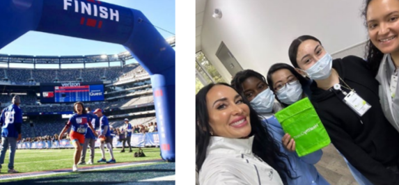 On the left a person crossing a finish line outside. On the right, people posed taking a selfie, some wearing medical masks.