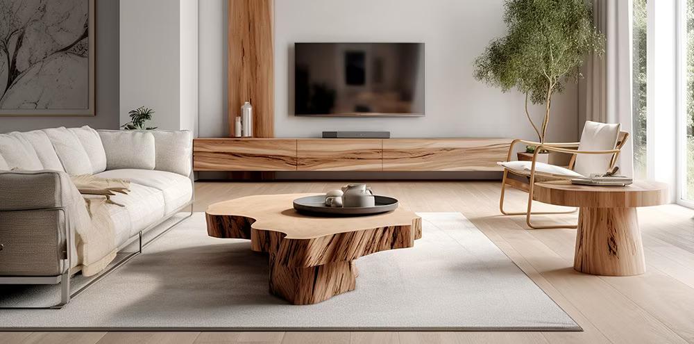 A living room retting with wooden tables, a couch and chair, wooden entertainment center and accents.