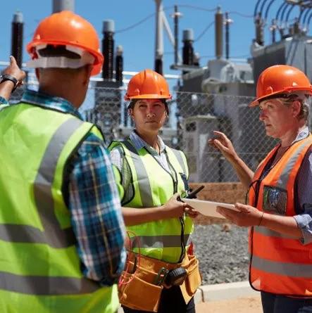 three people in hard hats and reflective vests standing outside a fenced area of large electrical equipment, holding papers and walkie-talkies