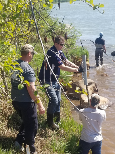 team working by the river